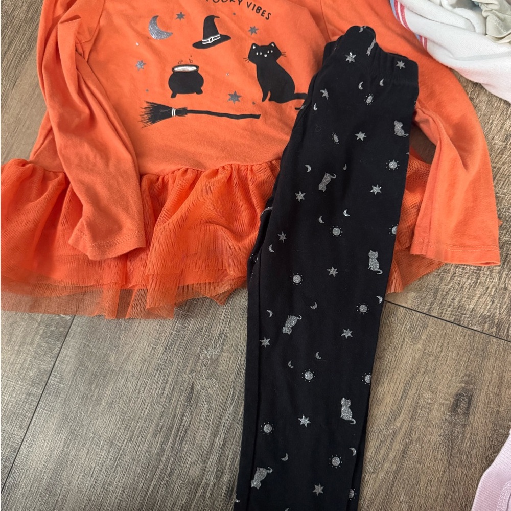 child of mine Orange Top and Black Cat Print Leggings Kids Matching Set
